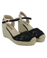 Espadrillas nera con fiori e zeppa in corda