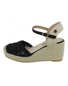 Espadrillas nera con fiori e zeppa in corda