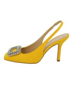 Sandalo in raso giallo con pietre e slingback