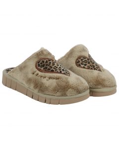 Ciabatte da Donna Pelo Beige con Cuore Leopardo